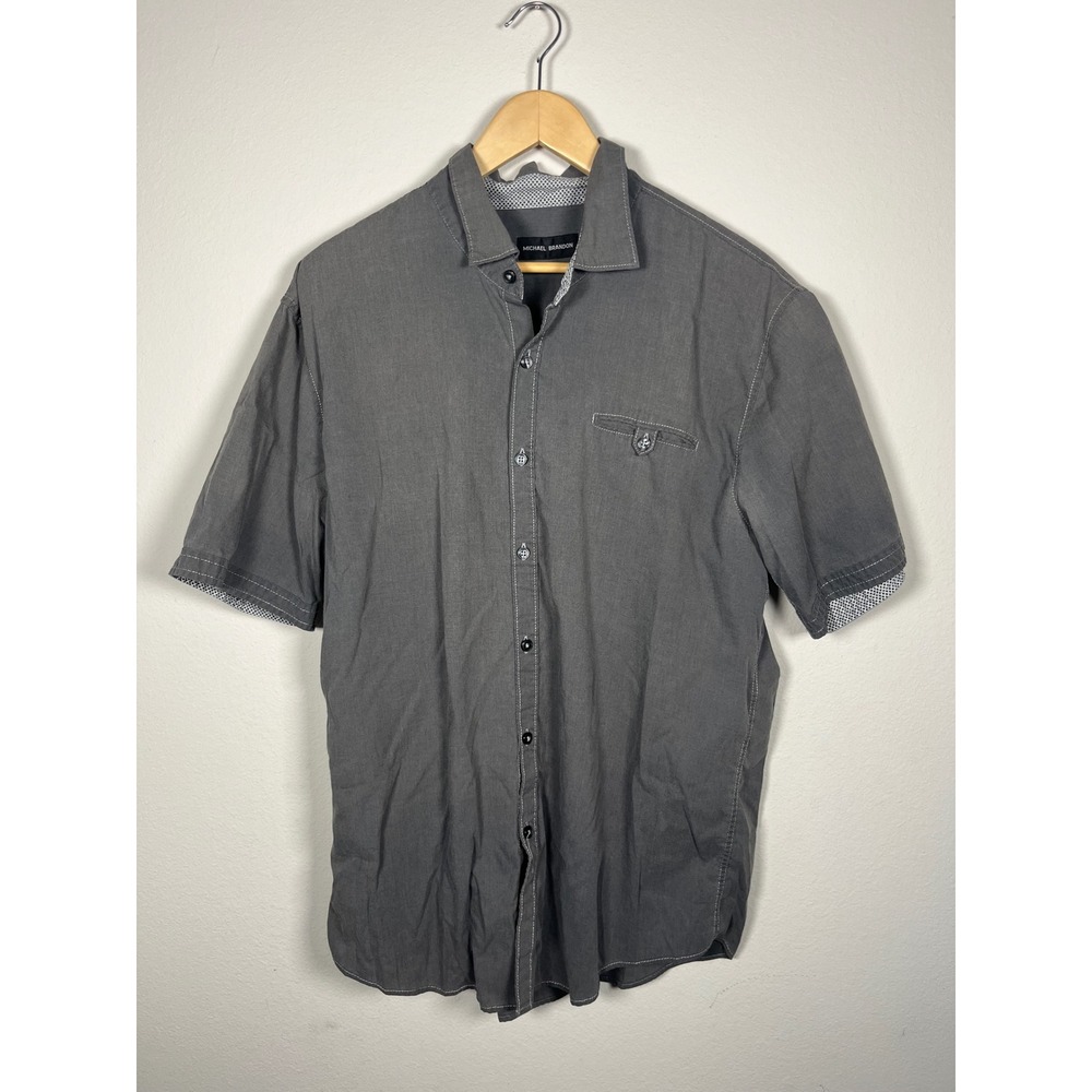 Michael Brandon Mens Gray Short Sleeve Button Down Shirt XL Contrast Stitching